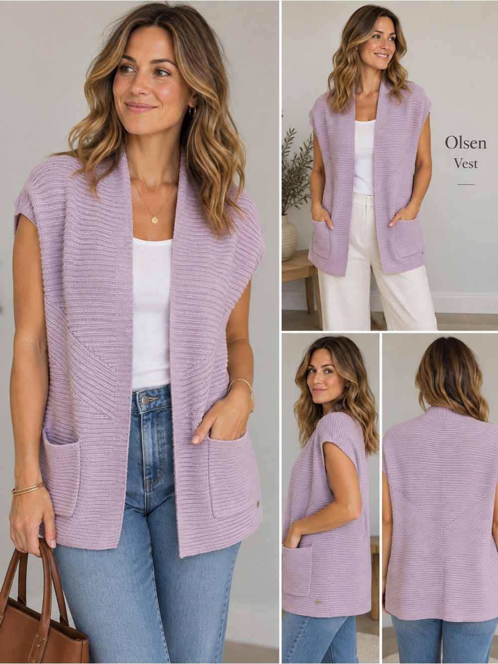 Olsen Lilac Open-Front Knit Cardigan with Pockets